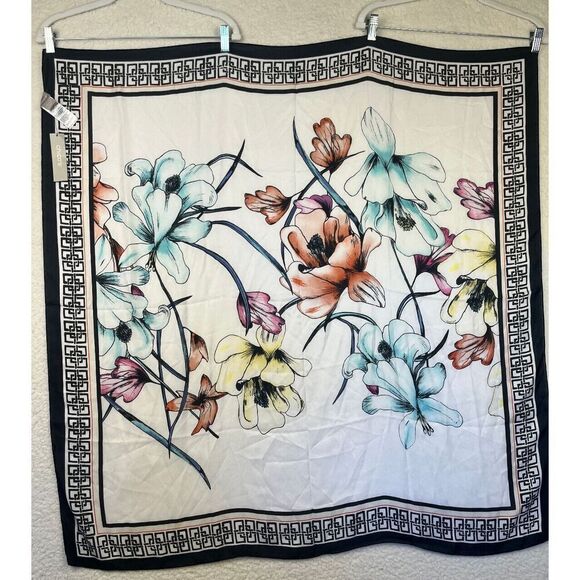 NEW Chico's Large 41" Square Magnolia Floral White Black Border Scarf One Size‎ - Picture 1 of 6